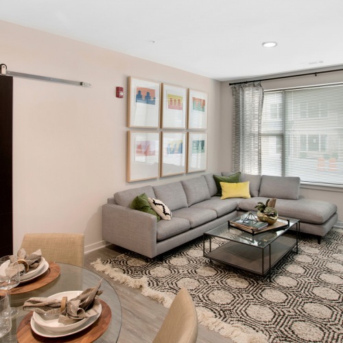 Living Room Living room with large windows and a barn-style door